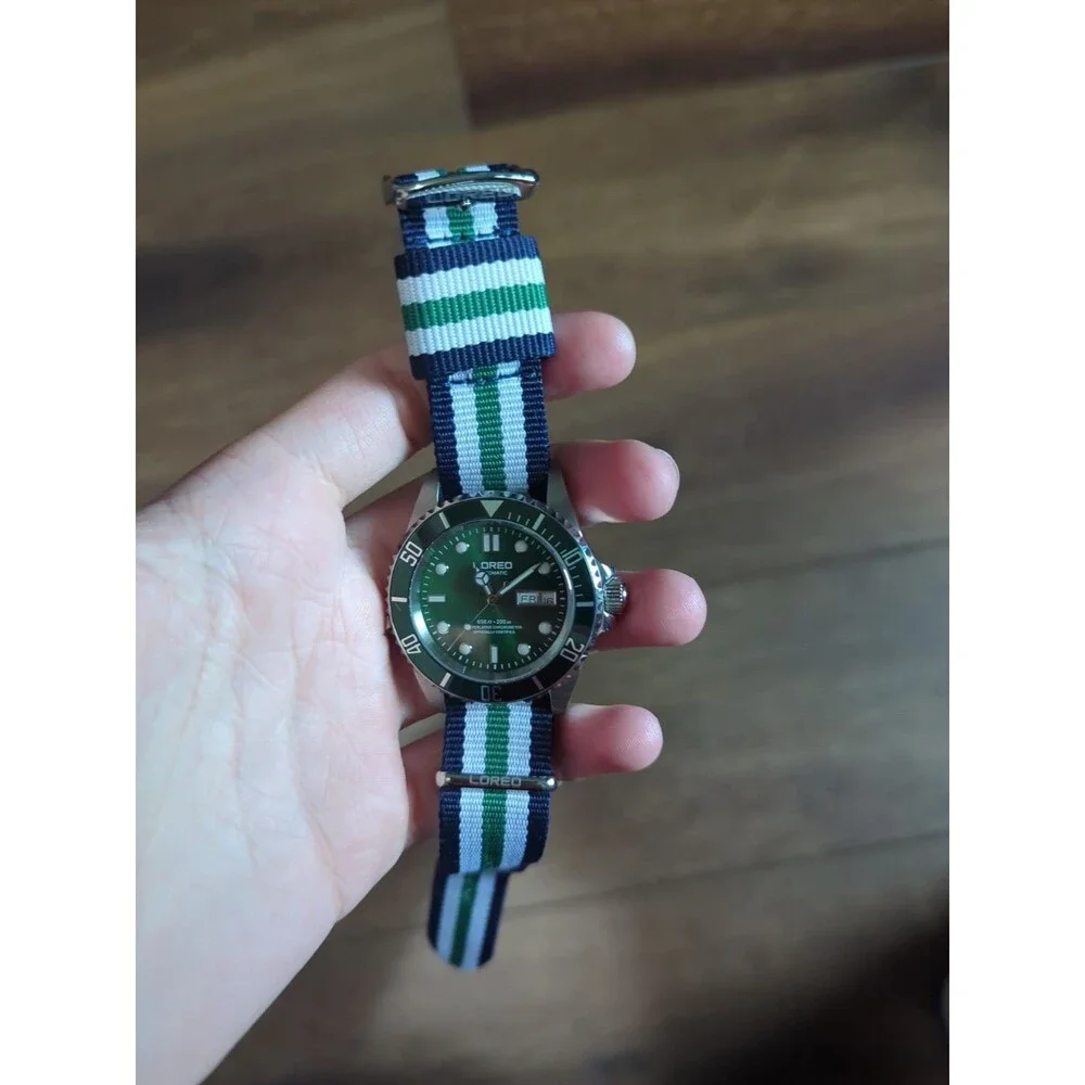 LOREO Men's GMT Silver Stainless Steel Sapphire Green Rotating Bezel